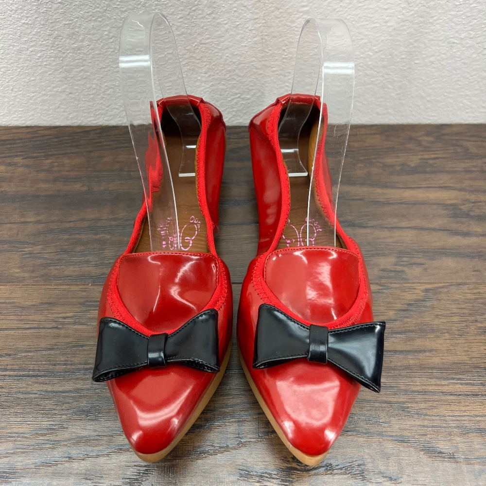 Rollbab Red Patent Leather Pointed Black Bow Ballet Flats 38 US 7-7.5